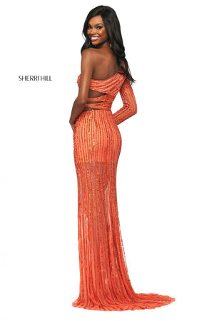 Sherri Hill 53884 dress images in these colors: Silver, Gold, Emerald, Orange.