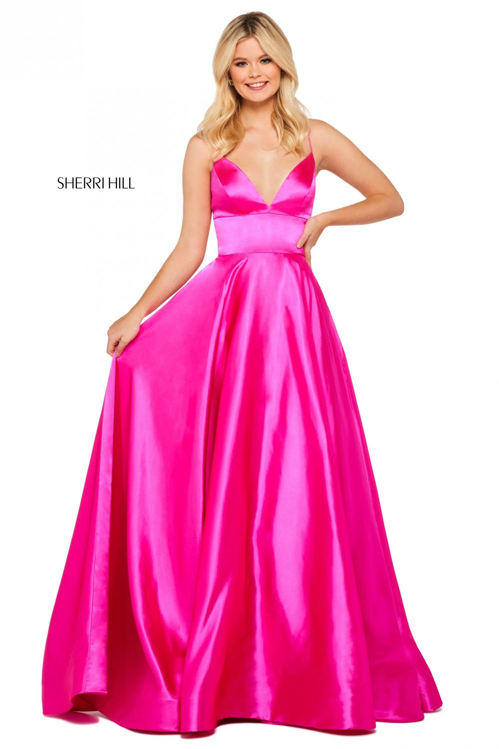 Sherri Hill 53885 dress images in these colors: Black, Bright Pink, Ivory, Teal, Coral, Emerald, Lilac, Yellow, Red, Mocha, Gunmetal, Royal.