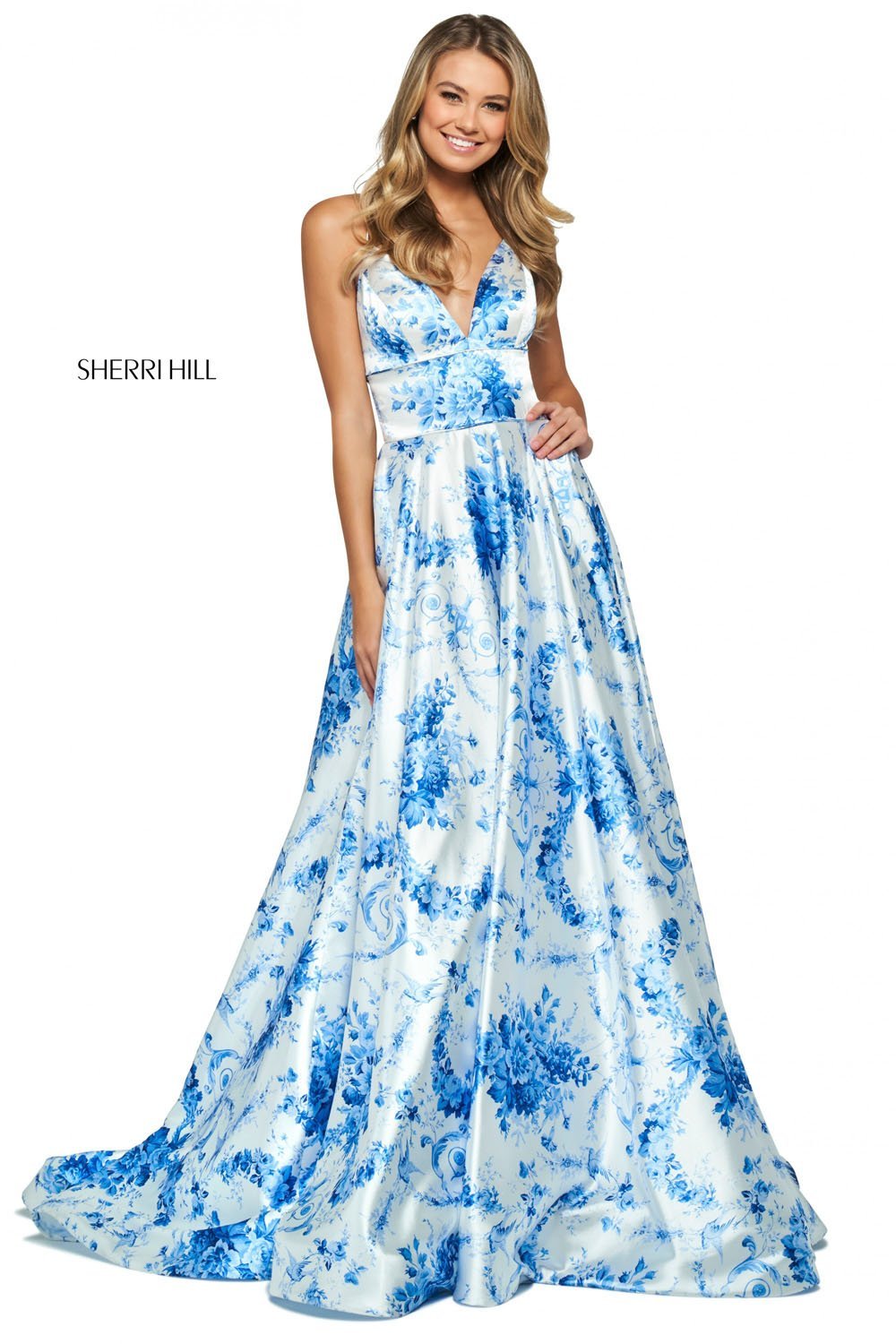 Sherri Hill 53886 dress images in these colors: Ivory Blue Print.