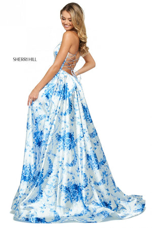 Sherri Hill 53886 dress images in these colors: Ivory Blue Print.