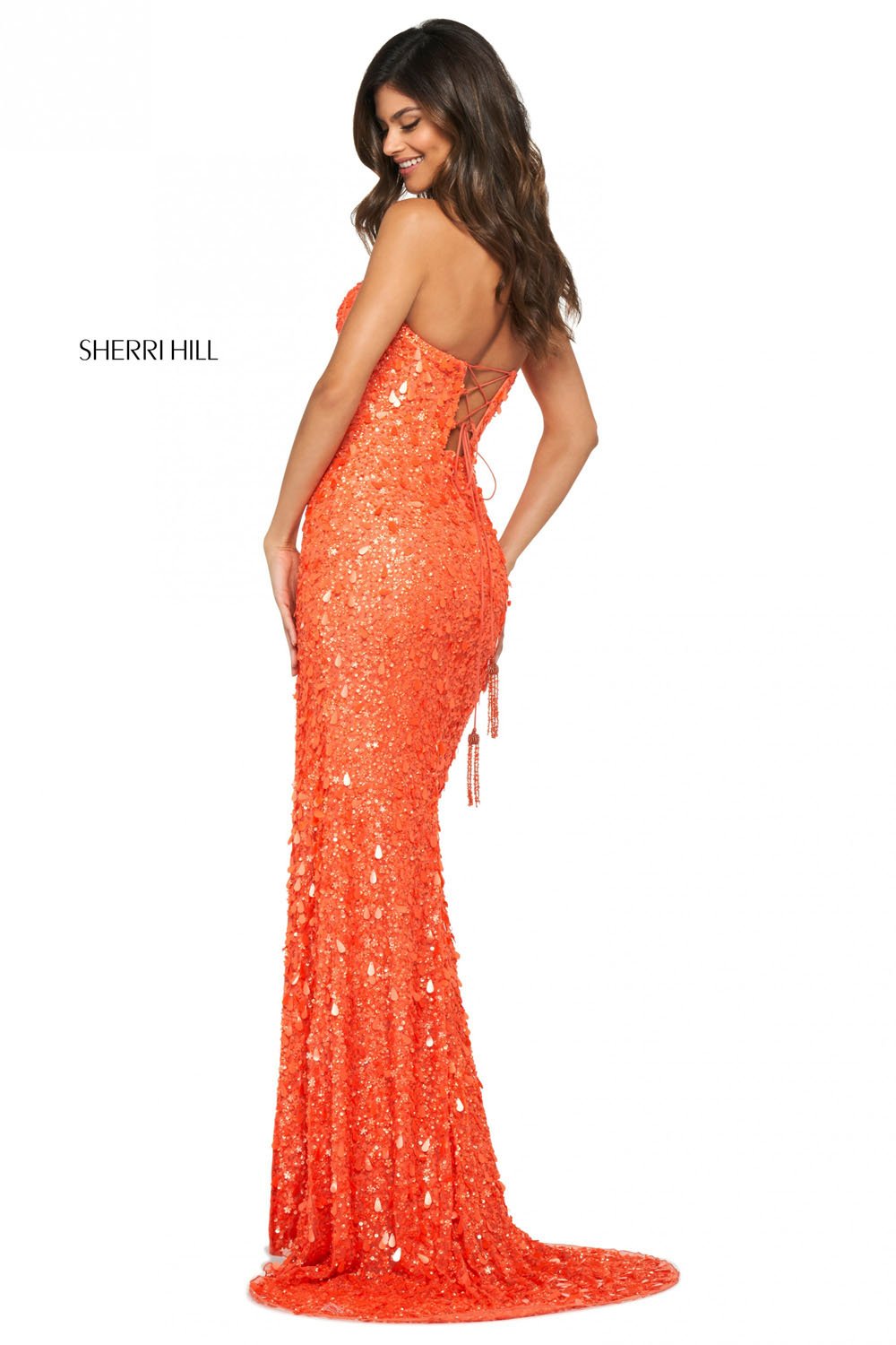 Sherri Hill 53891 dress images in these colors: Orange, Lilac, Silver, Gold, Red, Pink, Wine.