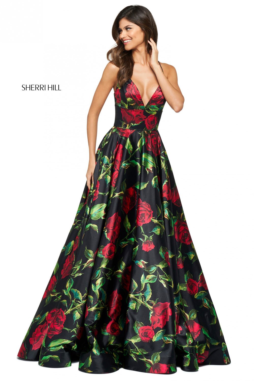 Sherri Hill 53896 dress images in these colors: Black Red Print.
