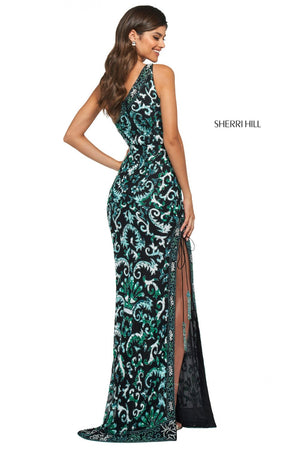 Sherri Hill 53898 dress images in these colors: Black Blue Aqua.