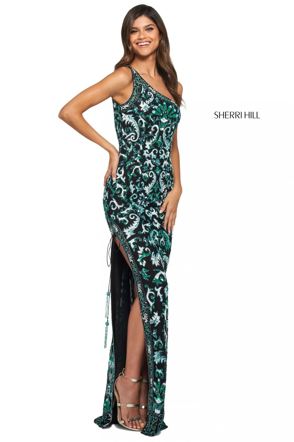 Sherri Hill 53898 dress images in these colors: Black Blue Aqua.