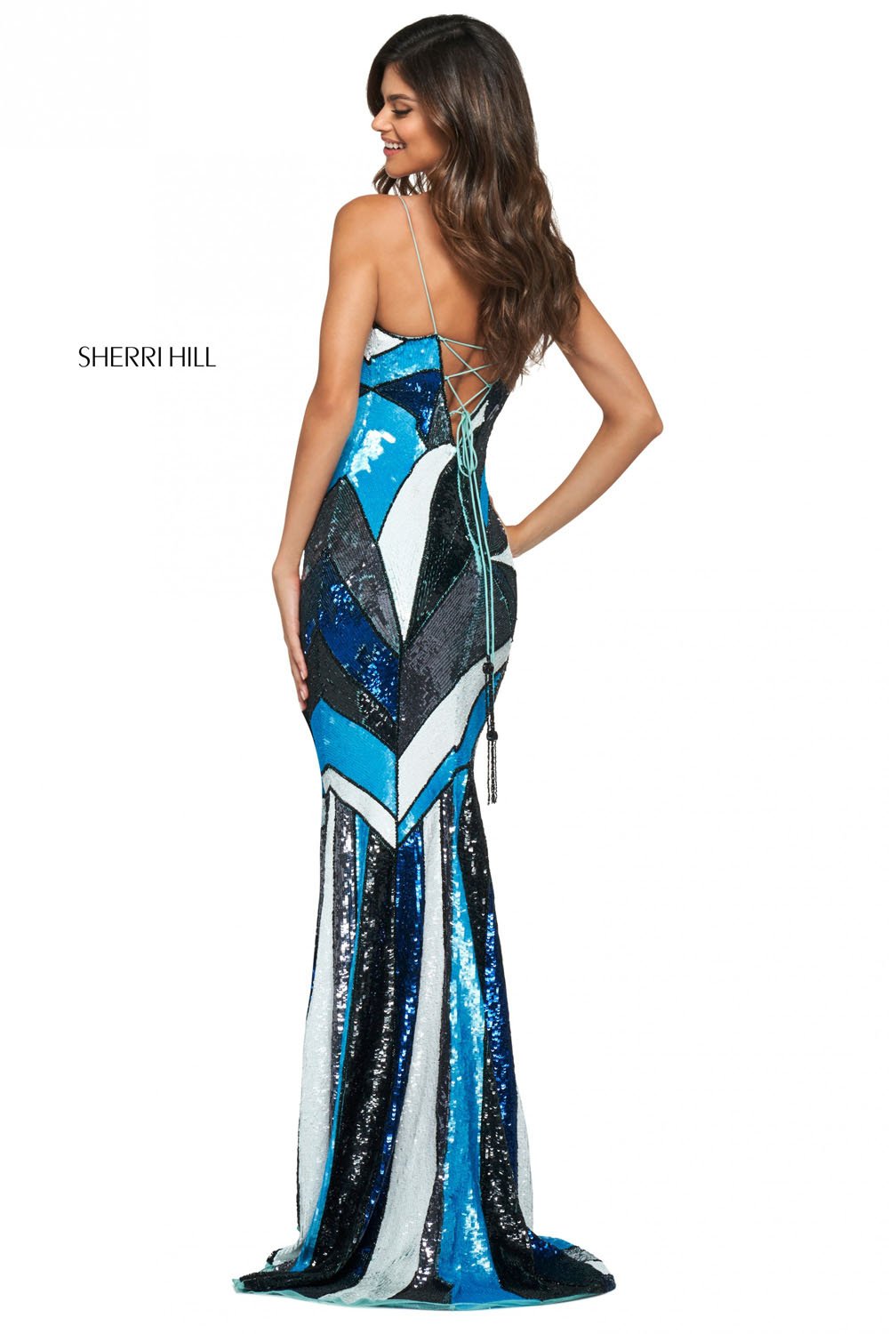 Sherri Hill 53899 dress images in these colors: Light Blue Multi, Emerald Multi.