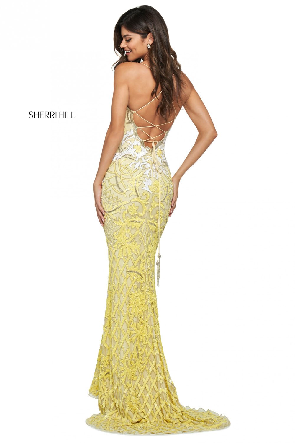 Sherri Hill 53903 dress images in these colors: Yellow Ivory, Pink, Blue, Emerald Silver.
