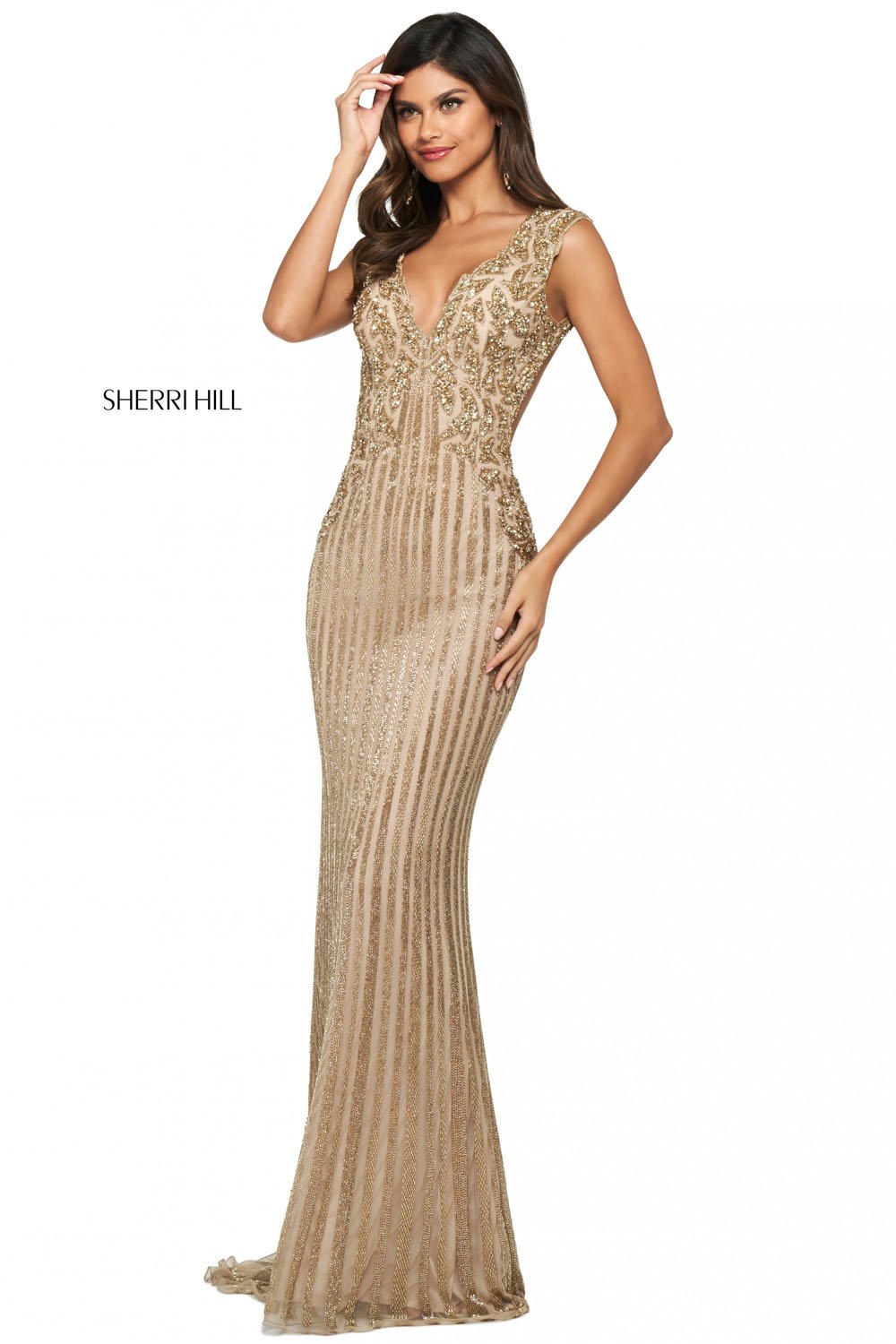 Sherri Hill 53915 dress images in these colors: Nude Gold, Ivory Silver.