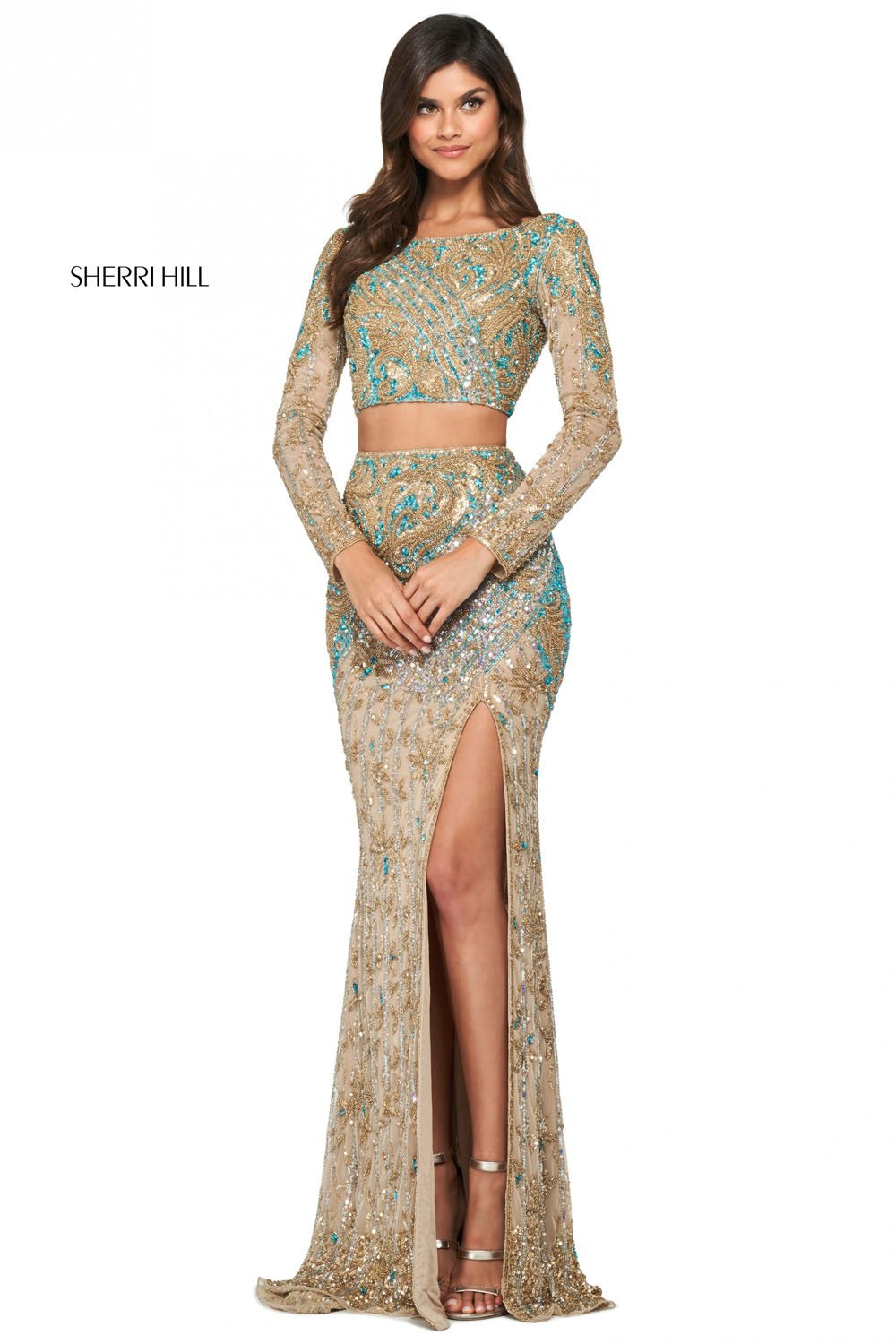 Sherri Hill 53916 dress images in these colors: Gold Light Blue, Yellow Ivory Silver, Gold Coral.