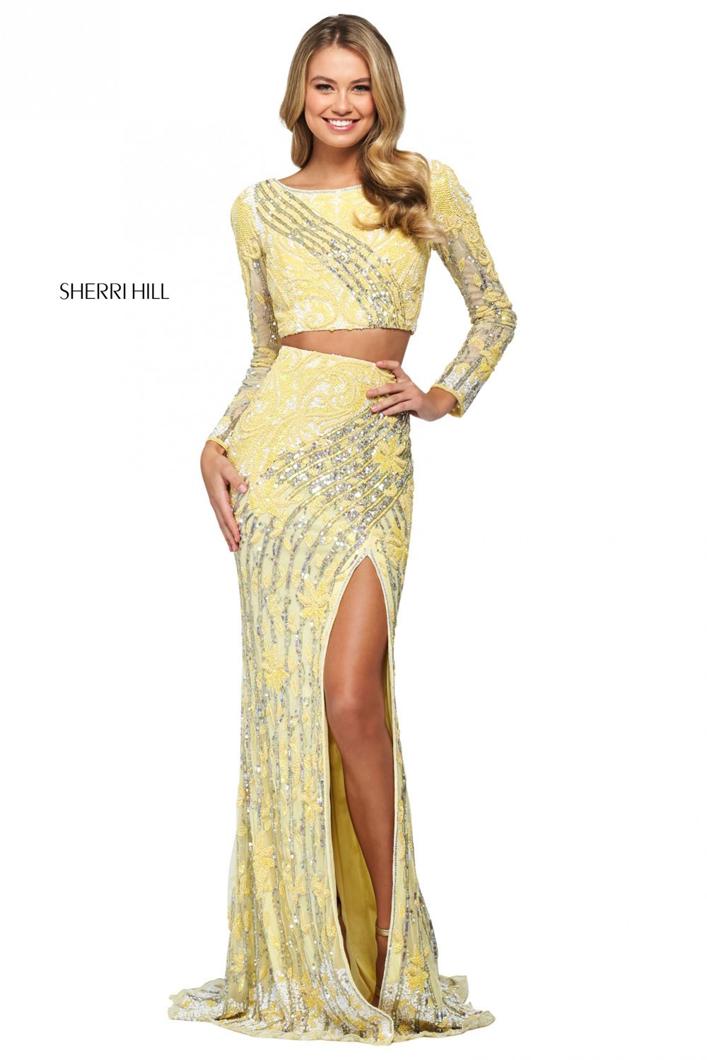 Sherri Hill 53916 dress images in these colors: Gold Light Blue, Yellow Ivory Silver, Gold Coral.