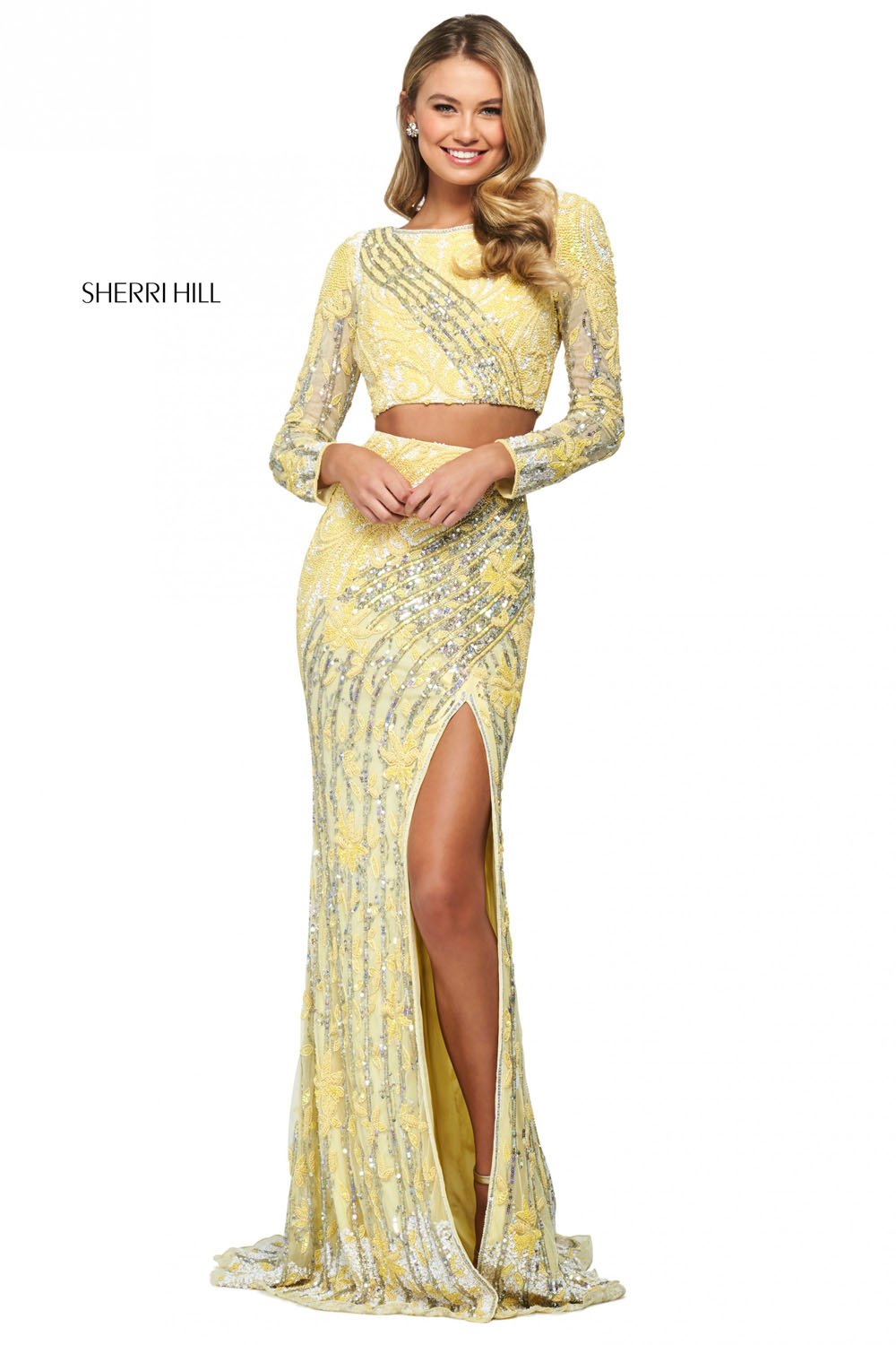 Sherri Hill 53916 dress images in these colors: Gold Light Blue, Yellow Ivory Silver, Gold Coral.