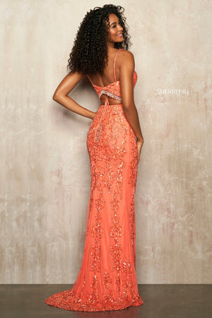 Sherri Hill 54219 dress images in these colors: Orange, Bright Pink, Aqua, Ivory Silver, Yellow.