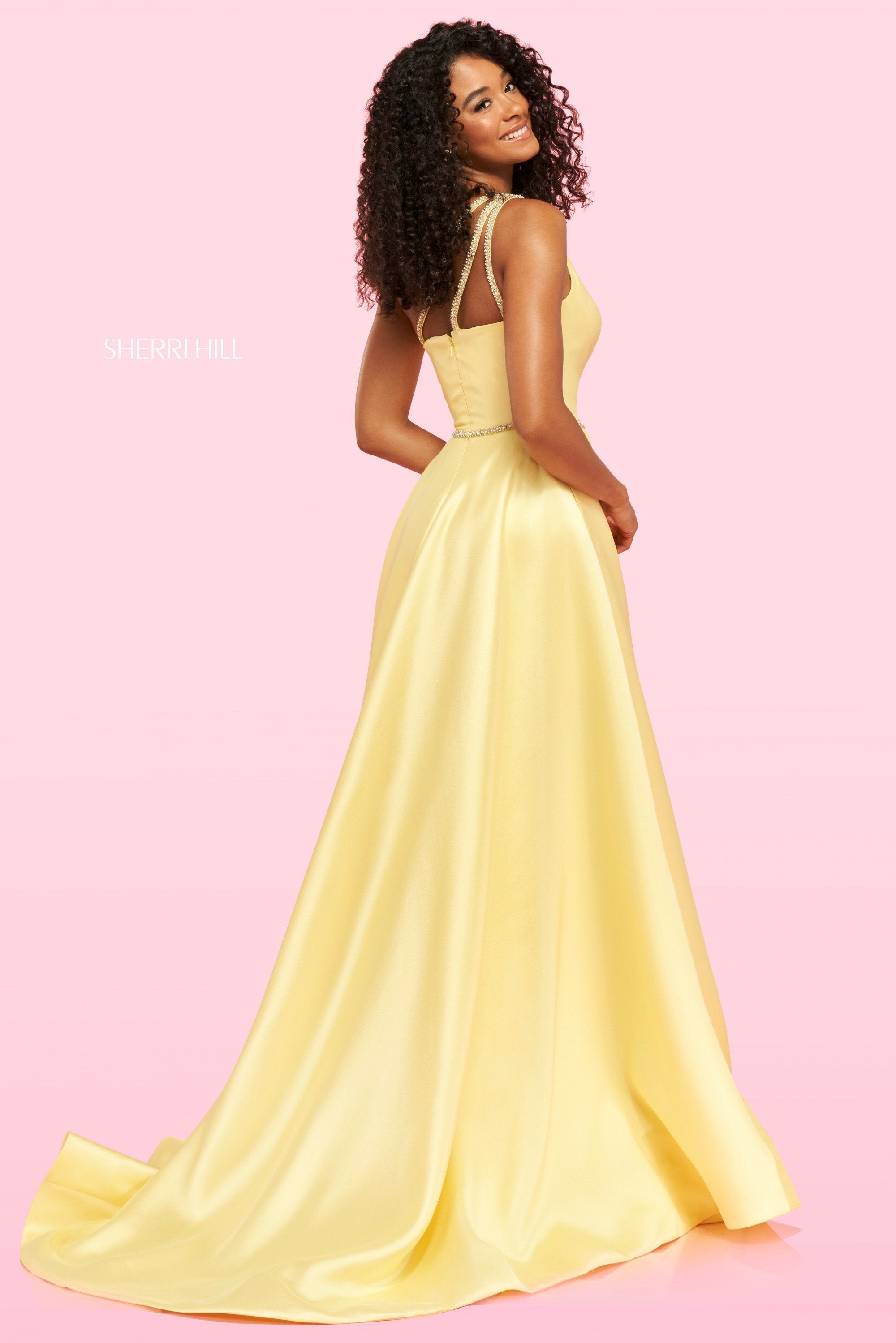 Sherri Hill 54242 dress images in these colors: Black, Yellow, Pink, Lilac, Red.