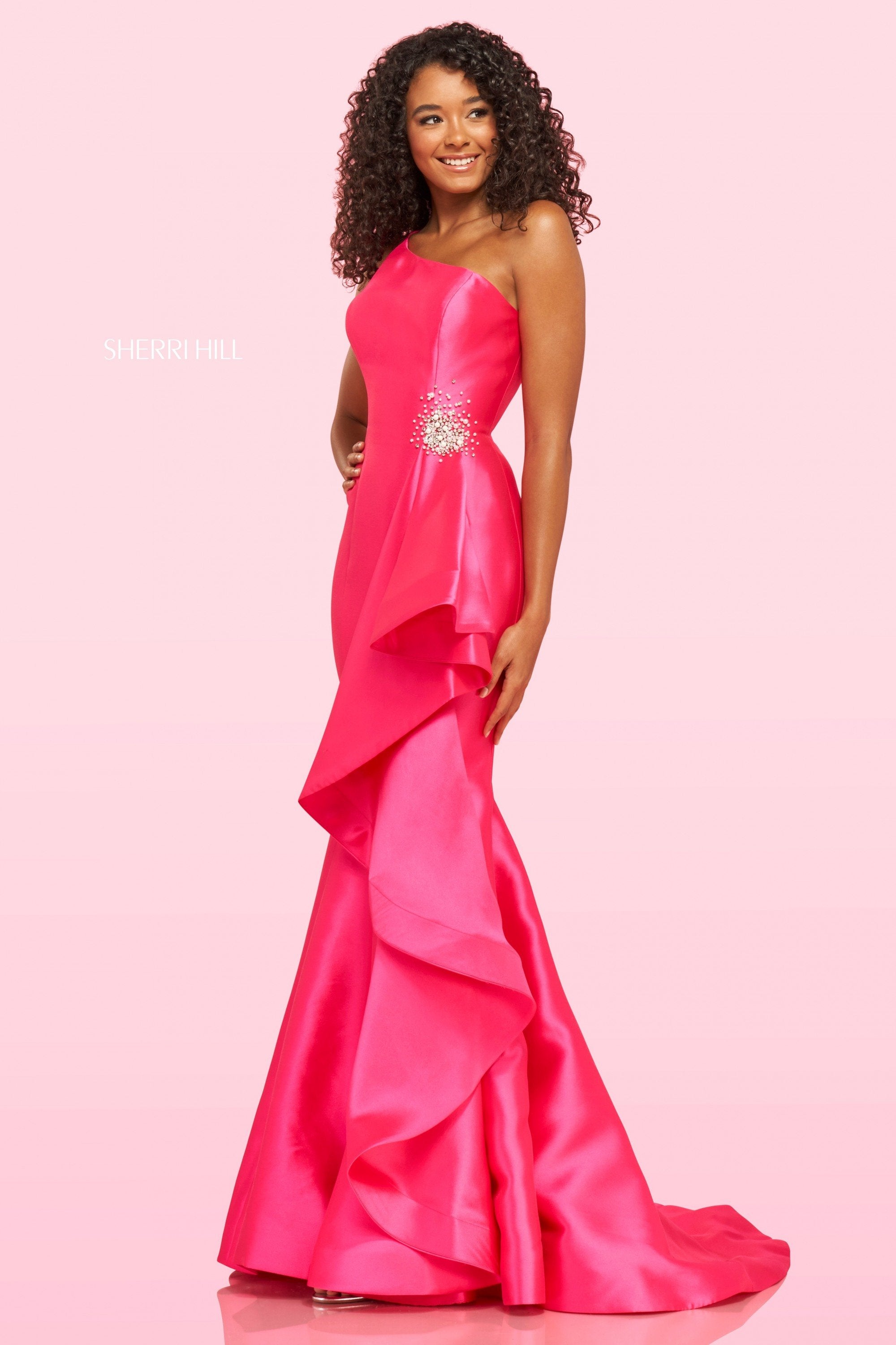 Sherri Hill 54245 dress images in these colors: Black, Ivory, Fuchsia, Light Blue.