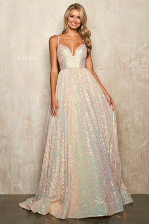 Sherri Hill 54261 dress images in these colors: Champagne, Coral, Black Multi, Navy Multi.