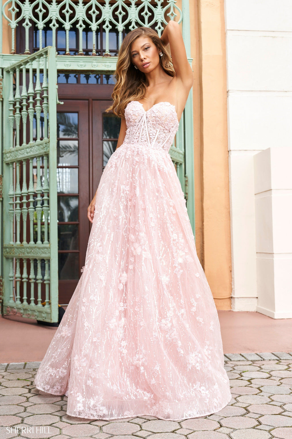 Sherri Hill 54305 dress images in these colors: Blush, Light Blue, Ivory.