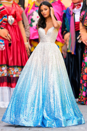 Sherri Hill 55471 prom dress images.  Sherri Hill 55471 is available in these colors: Silver Turquoise.