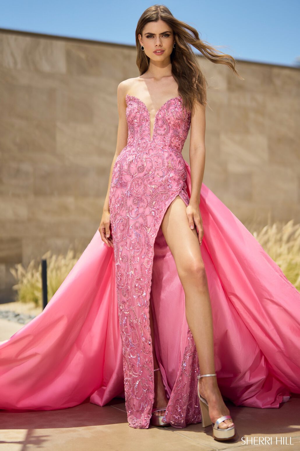 Sherri Hill 55638 prom dress images.  Sherri Hill 55638 is available in these colors: Candy Pink, Aqua, Black, Blush, Red, Ivory, Periwinkle, Jade.