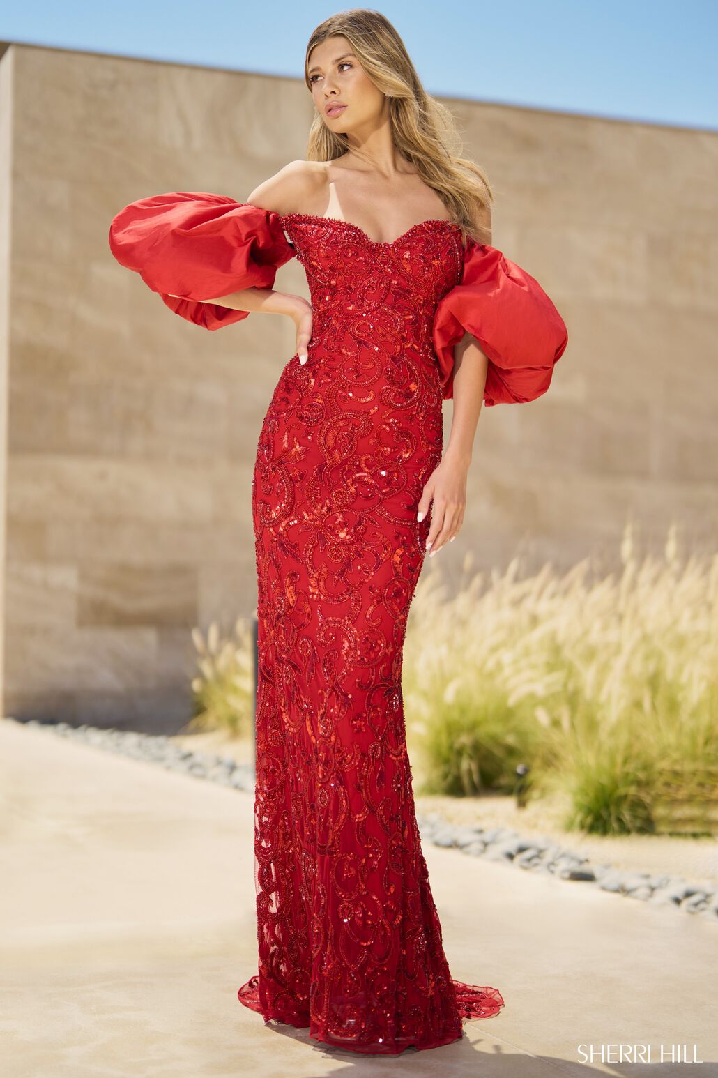 Sherri Hill 55646 formal dress images.  Sherri Hill 55646 is available in these colors: Red, Jade.