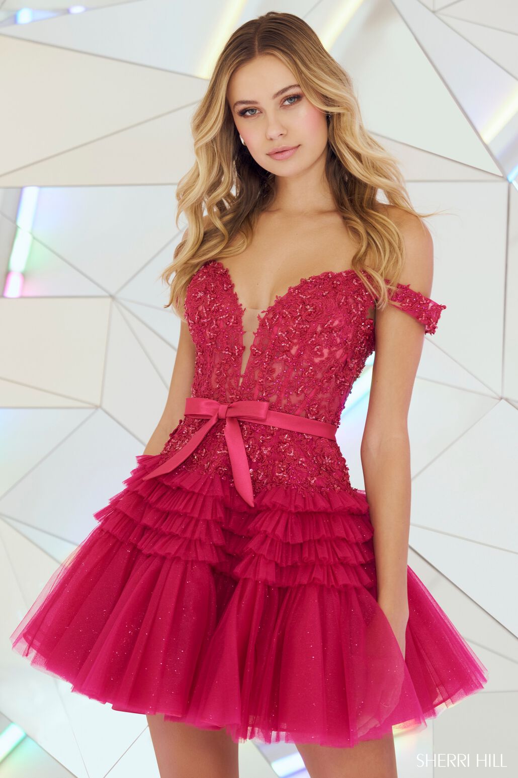 Sherri Hill 55680 formal dress images.  Sherri Hill 55680 is available in these colors: Light Blue, Pink, Light Champagne, Lilac, Blush, Navy, Black, Magenta, Red.