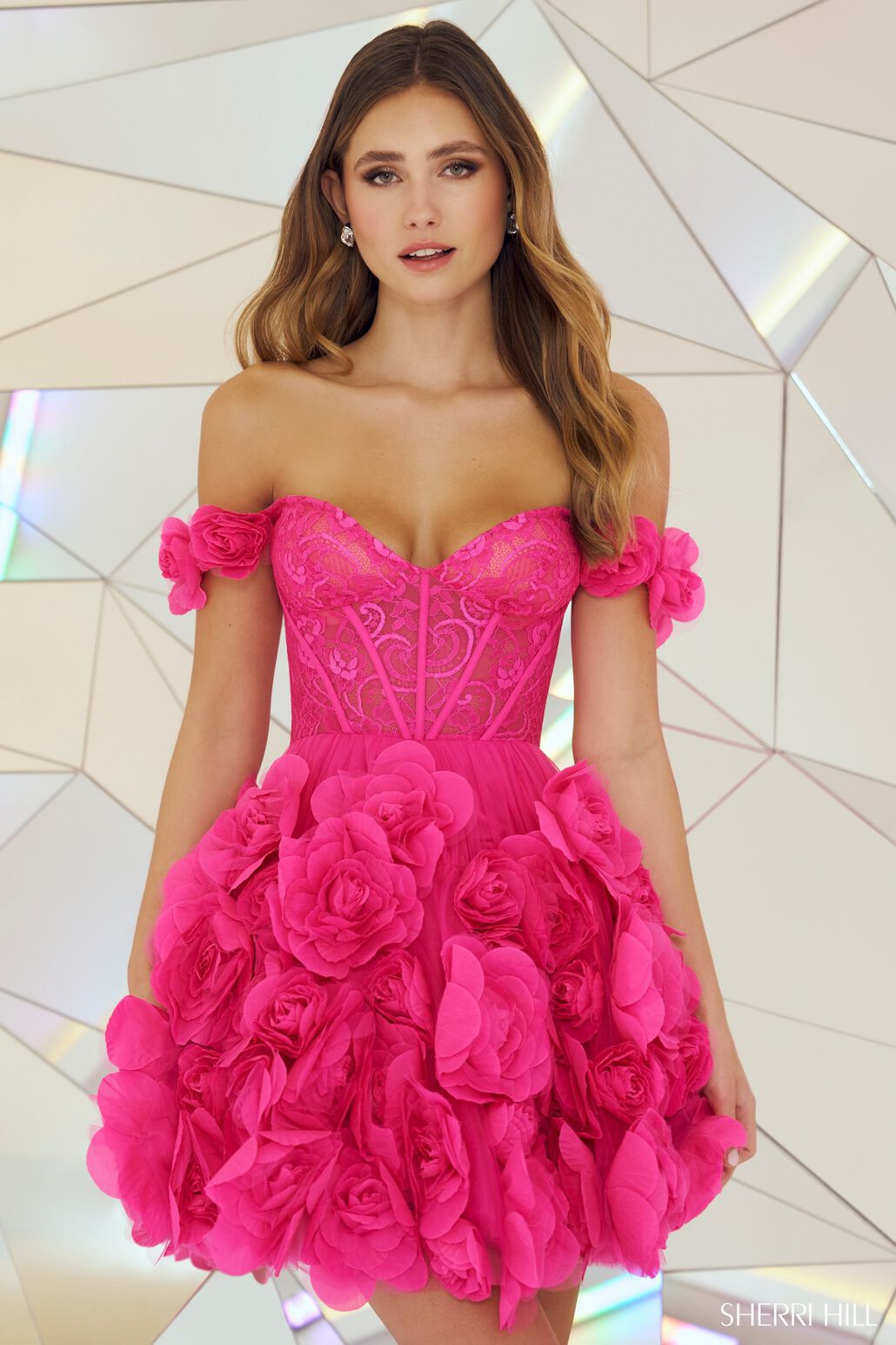 Sherri Hill 55717 prom dress images.  Sherri Hill 55717 is available in these colors: Ivory, Red, Black, Bright Pink.