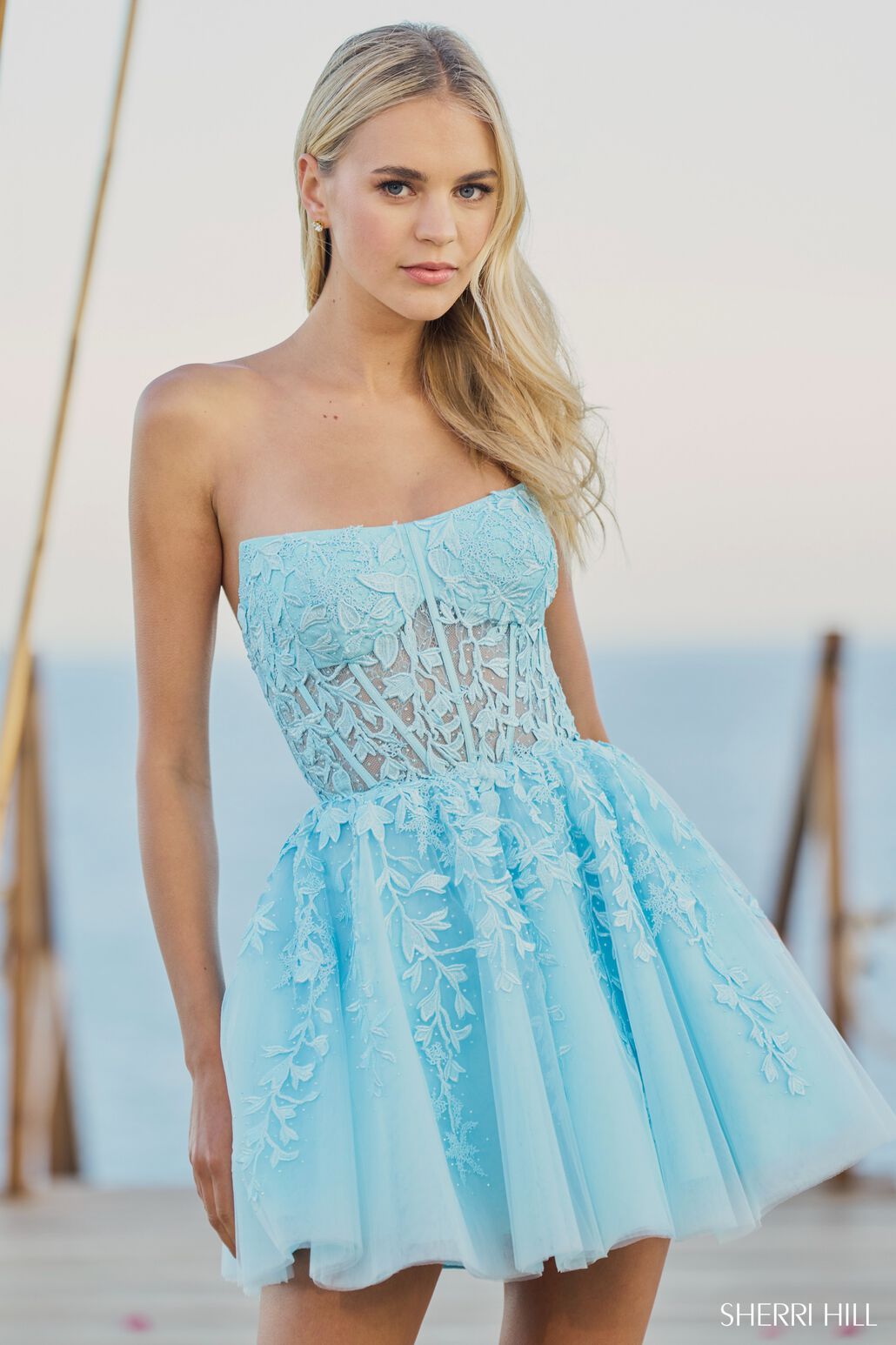 sherri hill light blue short dress Sherri Hill Short Blue Print Ruffle Homecoming Dress 57295 Ivory/Blue Print / 24