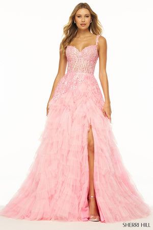 Sherri Hill 56070 prom dress images.  Sherri Hill 56070 is available in these colors: Hot Pink, Ivory, Light Pink, Light Champagne, Light Blue.