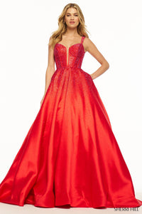 Sherri Hill 56106 prom dress images.  Sherri Hill 56106 is available in these colors: Navy, Royal, Magenta, Black, Red, Peacock, Yellow, Emerald, Lilac, Light Blue, Nude Ab.