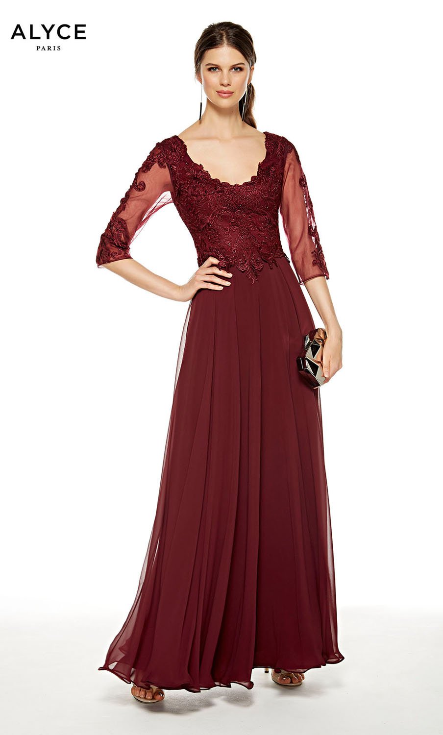 Alyce Paris 27385 dress images in these colors: Black Cherry, Navy, Champagne.