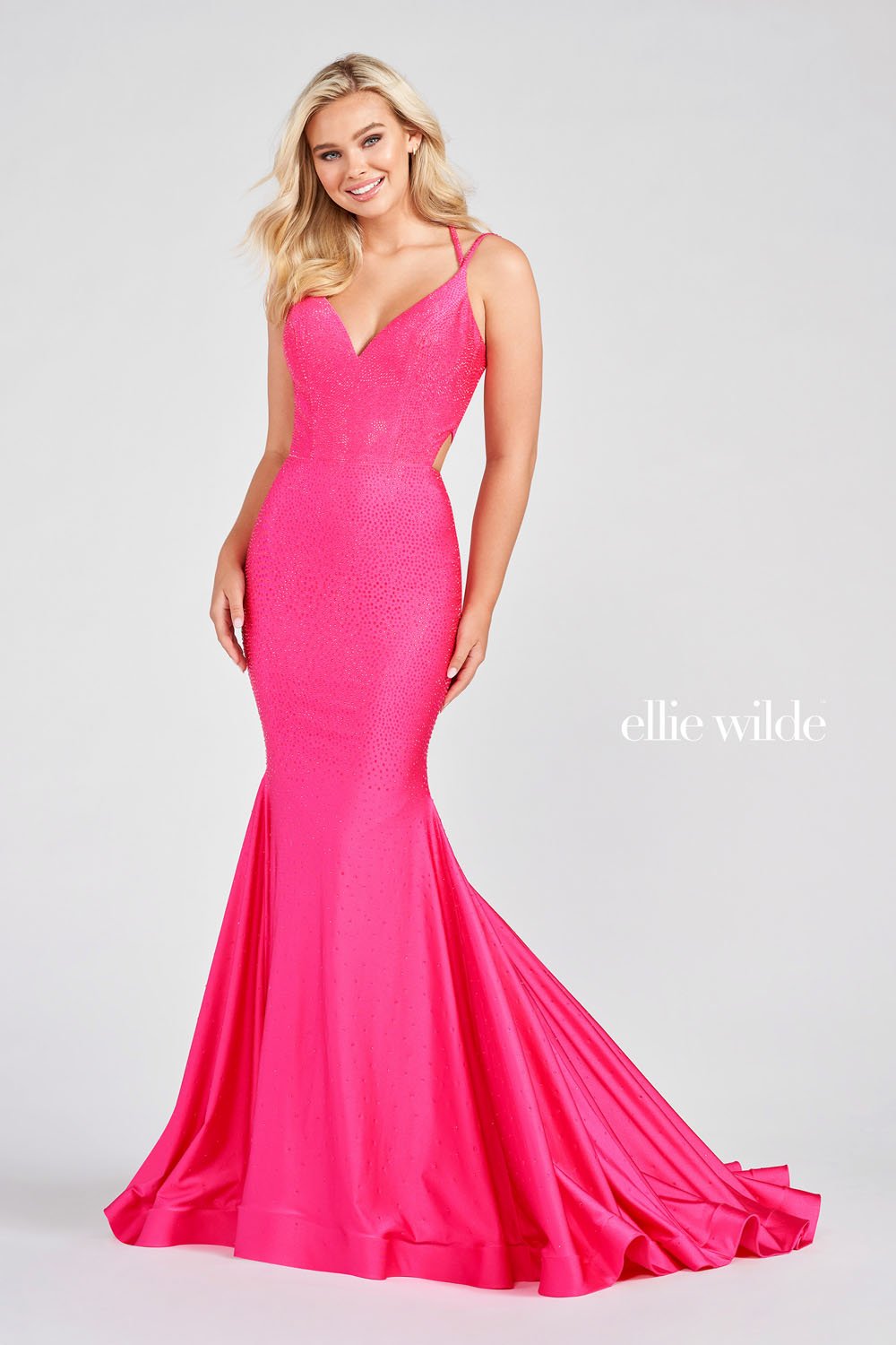 Ellie Wilde Hot Pink EW122001 Prom Dress Image.  Hot Pink formal dress.