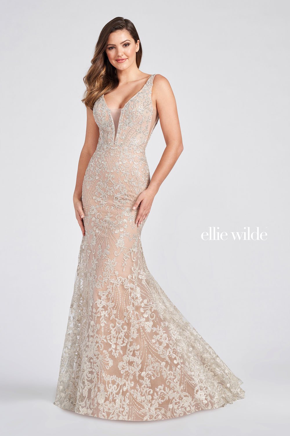 ellie wilde silver prom dress Ellie Wilde EW36061 - Long Metallic Jersey, Stone Accents, Beads, Sequin & Pongee Lining Sheath Dress