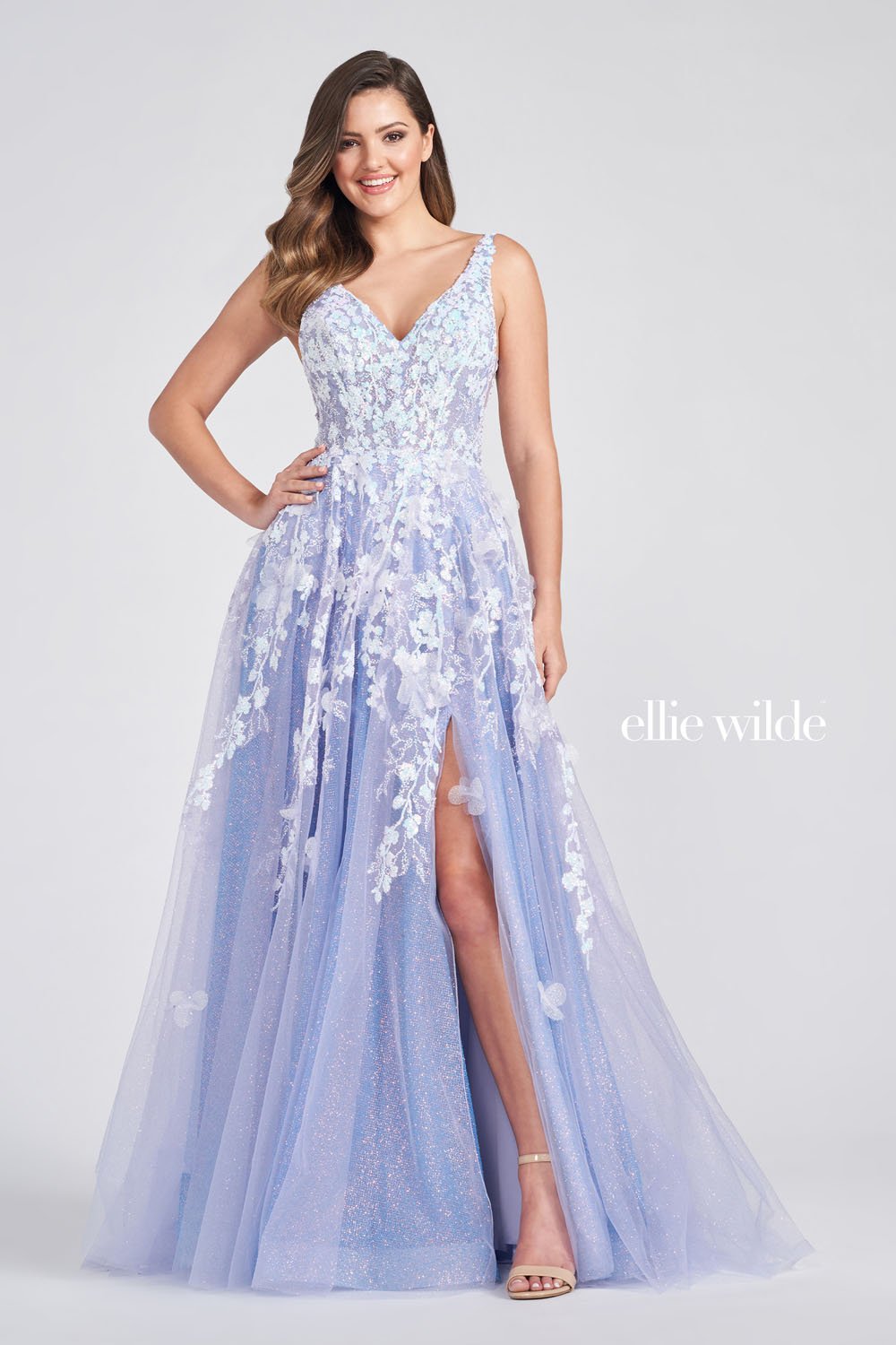 Ellie Wilde EW122007 - V-Neck Sleeveless Floral A-line Dress 18 / Lavender Ellie Wilde EW122007 - V-Neck Sleeveless Floral A-line Dress 18 / Lavender
