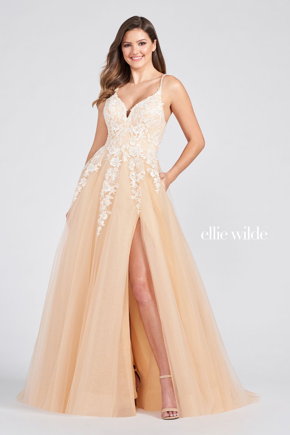 Ellie Wilde Yellow EW122014 Prom Dress Image.  Yellow formal dress.