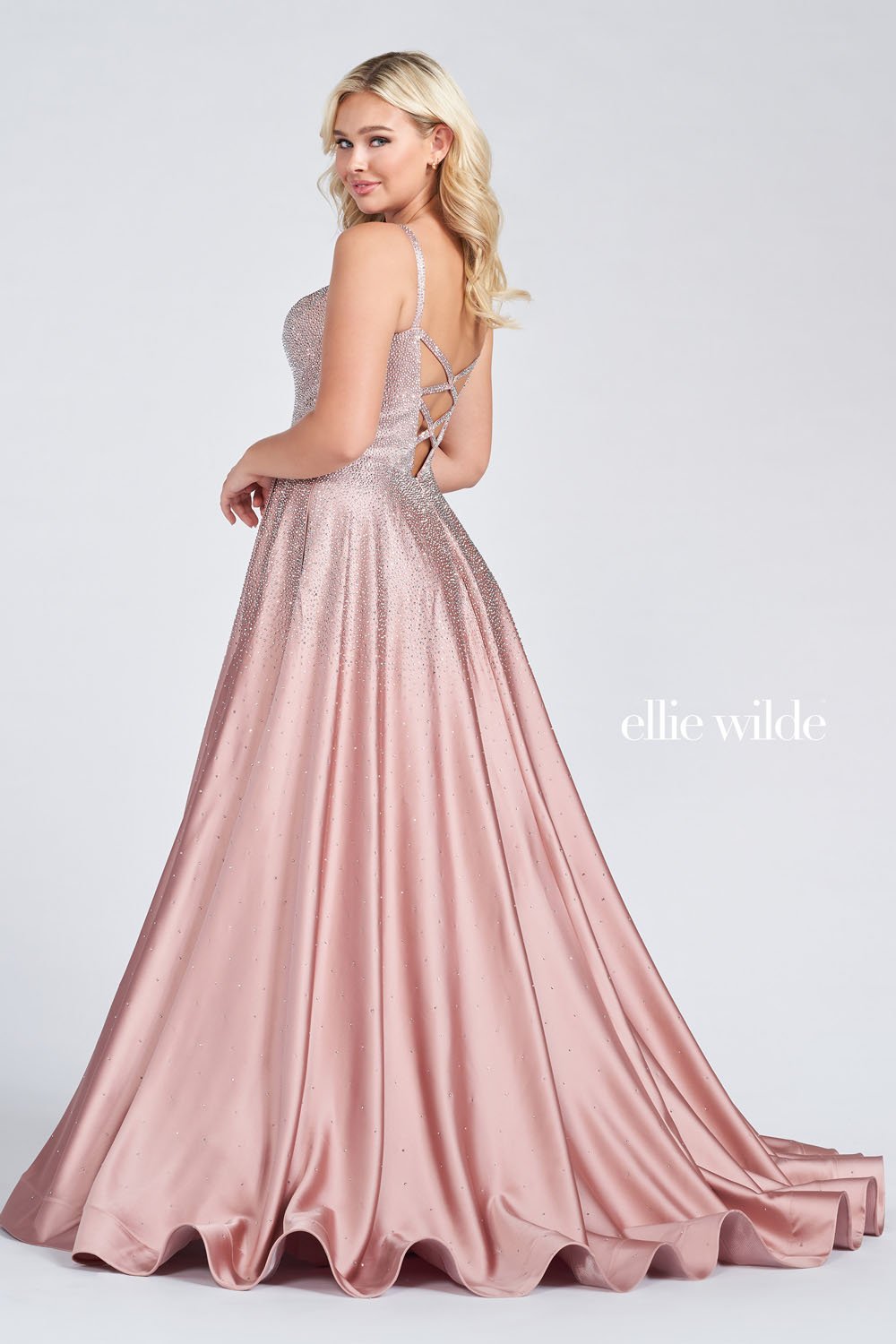 Ellie Wilde Dusty Rose Silver EW122015 Prom Dress Image.  Dusty Rose Silver formal dress.