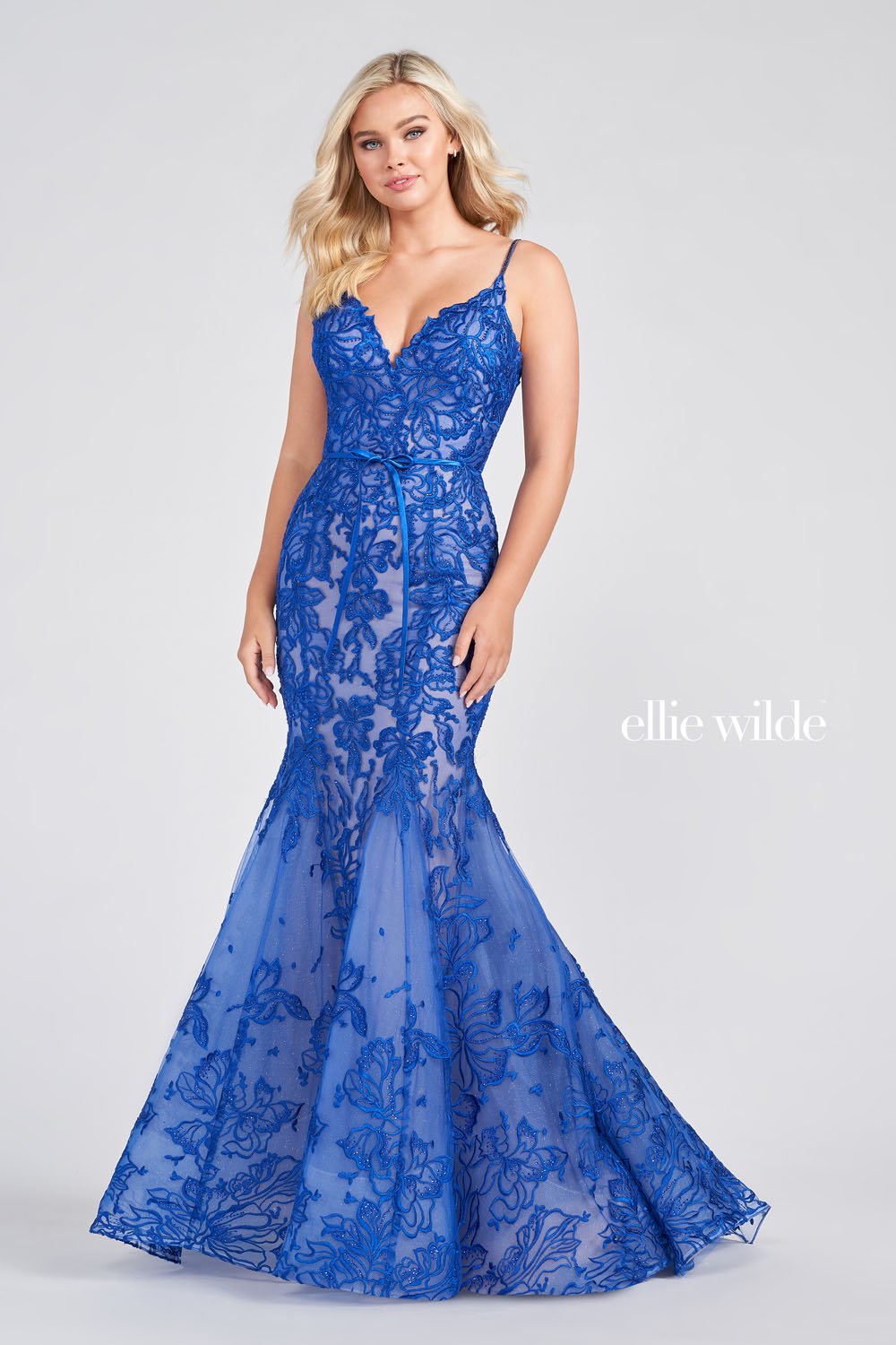 Ellie Wilde Royal Blue Nude EW122017 Prom Dress Image.  Royal Blue Nude formal dress.