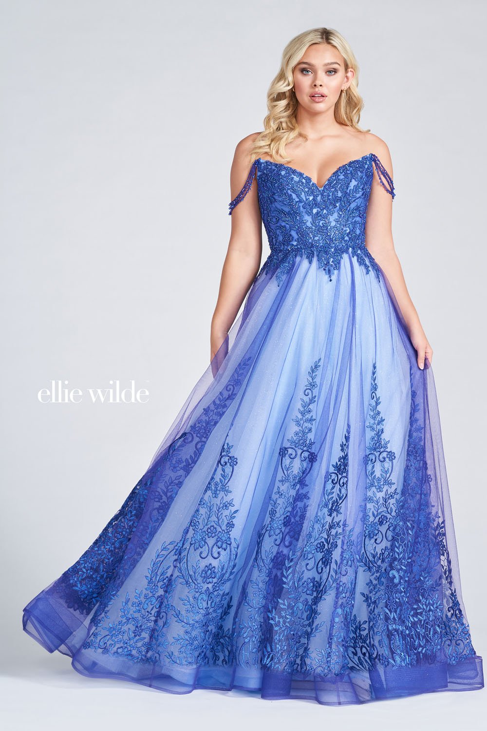 Ellie Wilde French Blue EW122019 Prom Dress Image.  French Blue formal dress.