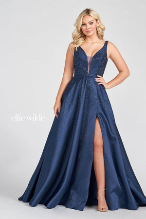 Ellie Wilde Navy Blue EW122021 Prom Dress Image.  Navy Blue formal dress.