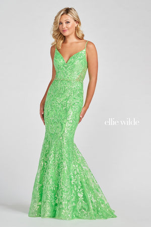 Ellie Wilde Neon Green EW122022 Prom Dress Image.  Neon Green formal dress.
