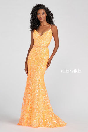 Ellie Wilde Neon Orange EW122022 Prom Dress Image.  Neon Orange formal dress.