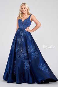 Ellie Wilde Navy Blue EW122025 Prom Dress Image.  Navy Blue formal dress.