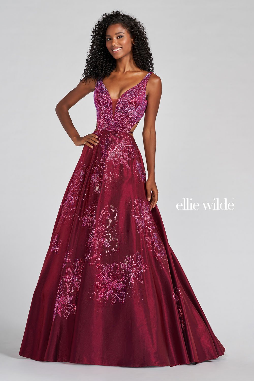 Ellie Wilde Wine EW122025 Prom Dress Image.  Wine formal dress.