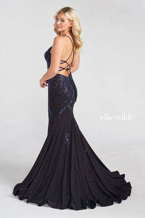Ellie Wilde Black Berry EW122028 Prom Dress Image.  Black Berry formal dress.