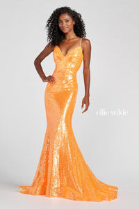 Ellie Wilde Orange EW122031 Prom Dress Image.  Orange formal dress.