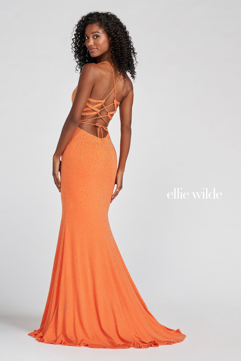 Ellie Wilde Orange EW122033 Prom Dress Image.  Orange formal dress.