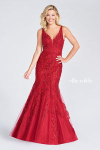 Ellie Wilde Dark Red EW122034 Prom Dress Image.  Dark Red formal dress.