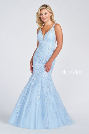 Ellie Wilde Light Blue EW122034 Prom Dress Image.  Light Blue formal dress.