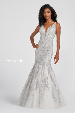 Ellie Wilde Light Gray EW122034 Prom Dress Image.  Light Gray formal dress.