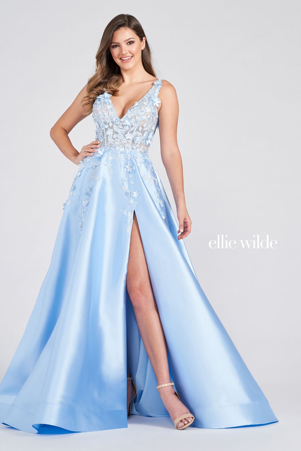 Ellie Wilde Light Blue EW122036 Prom Dress Image.  Light Blue formal dress.