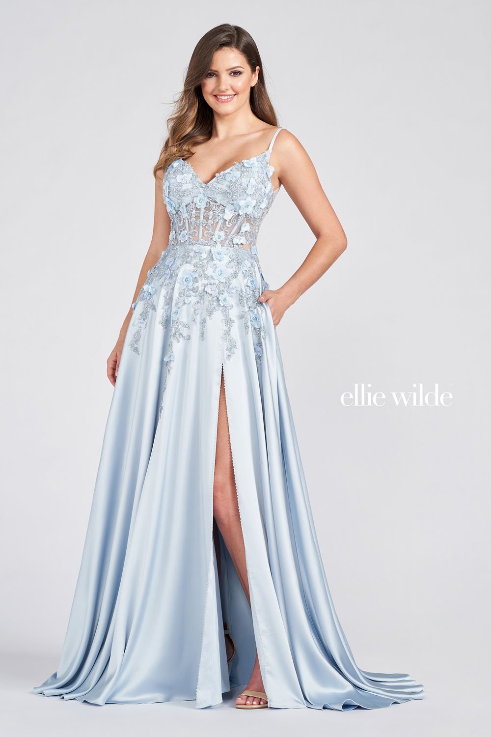 Ellie Wilde Dusty Blue EW122038 Prom Dress Image.  Dusty Blue formal dress.
