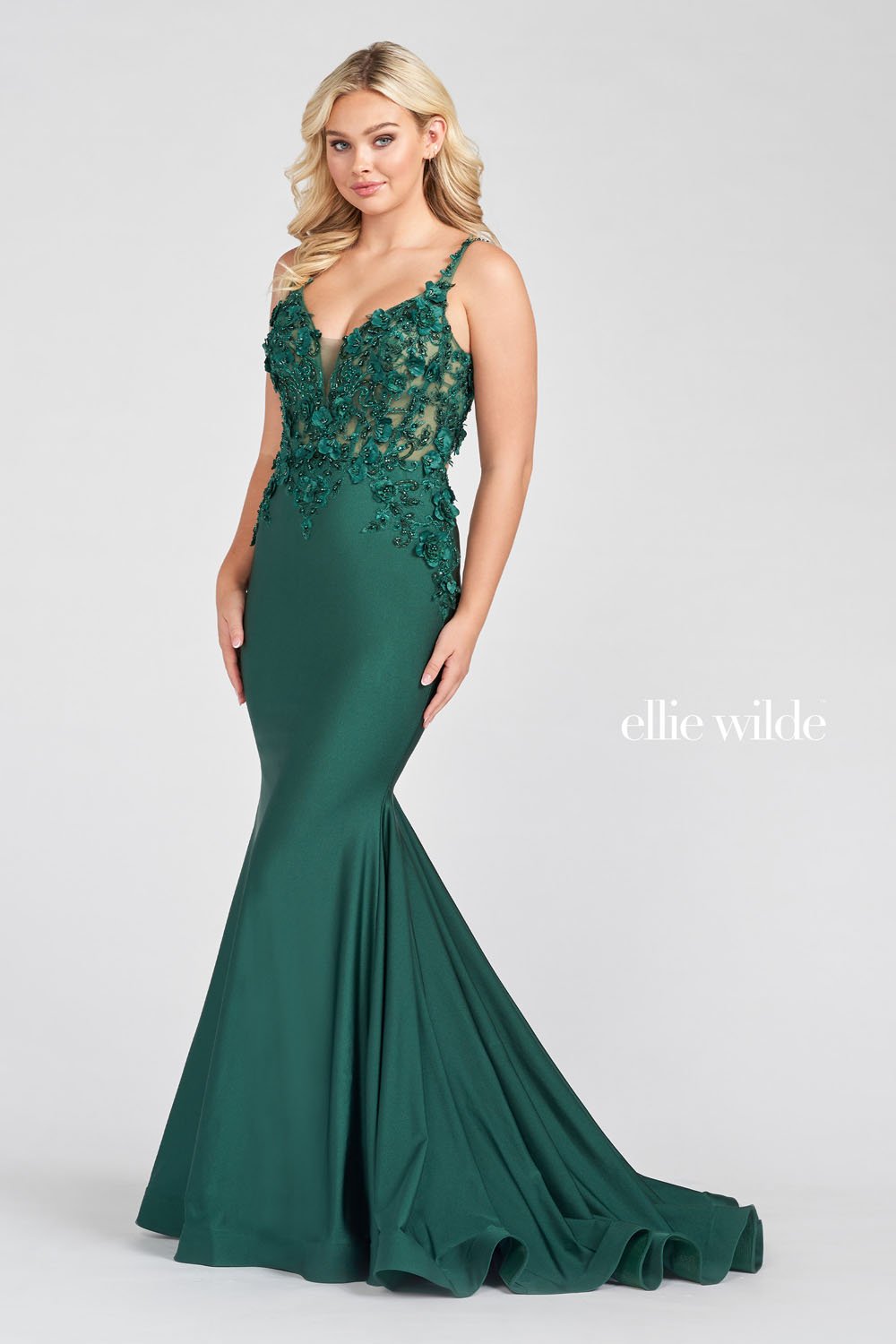 Ellie Wilde Emerald EW122041 Prom Dress Image.  Emerald formal dress.