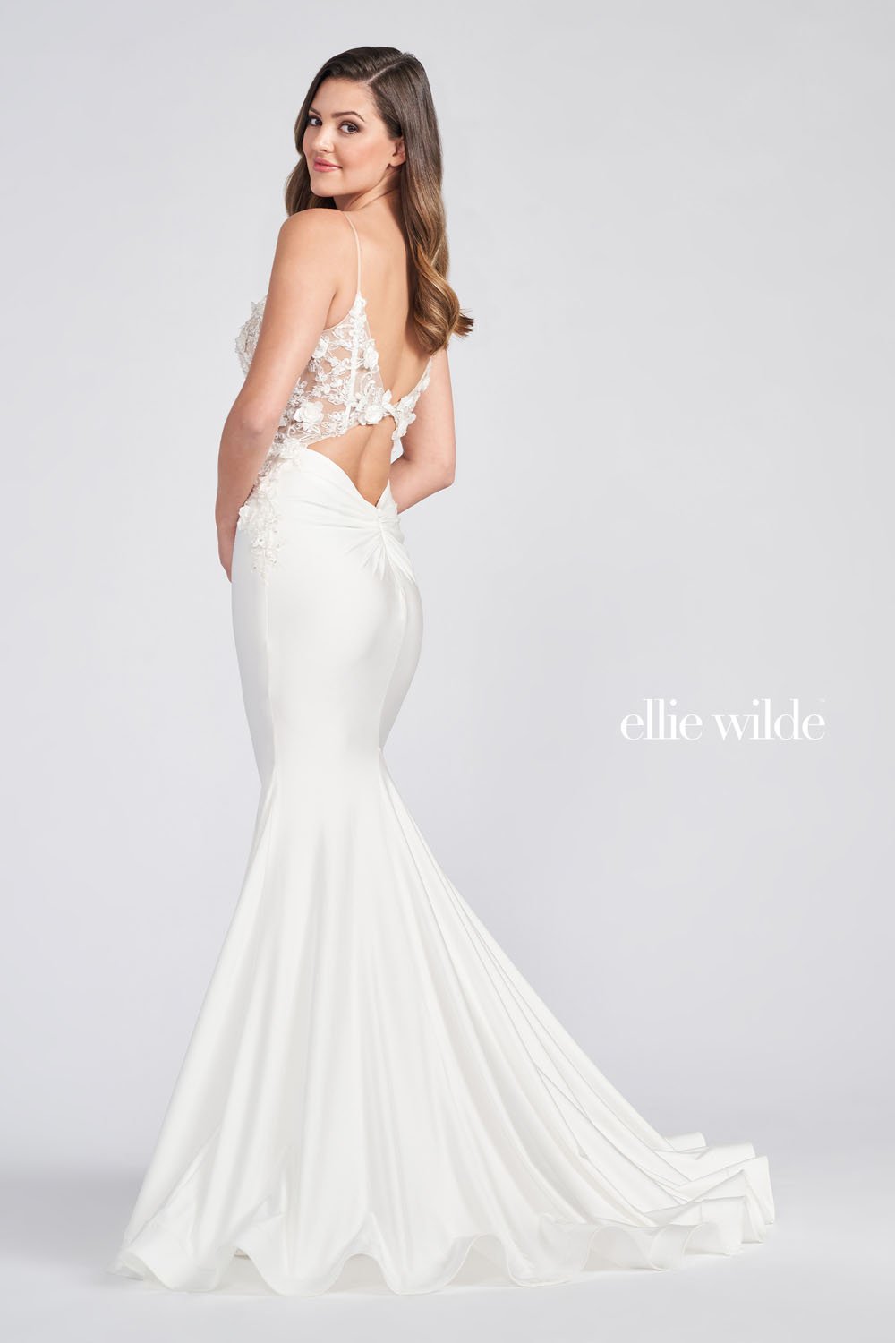 Ellie Wilde Pearl White EW122041 Prom Dress Image.  Pearl White formal dress.